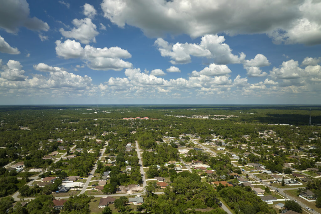 Aerial view of small town America suburban landscape with private homes between green palm trees in Florida quiet residential area